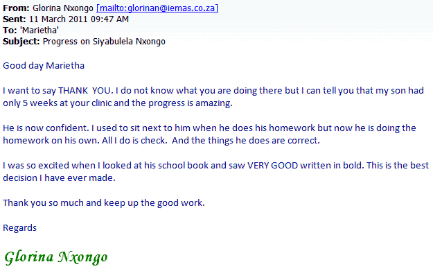 eMail from Glorina Nxongo
