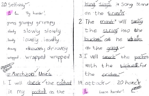 Samples of Jonathan�s spelling tests, March 2010