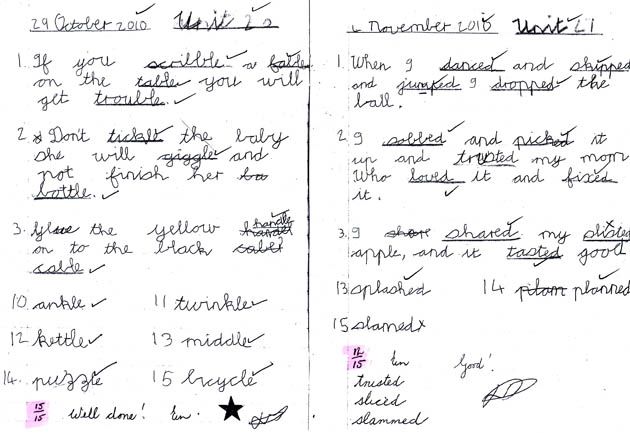 Samples of Jonathan�s spelling tests, October and November 2010