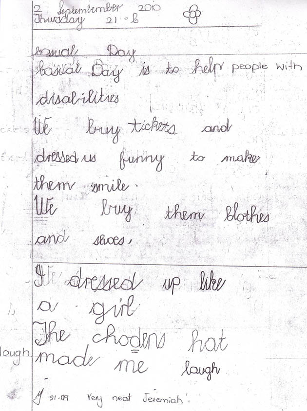 Example of schoolwork, September.