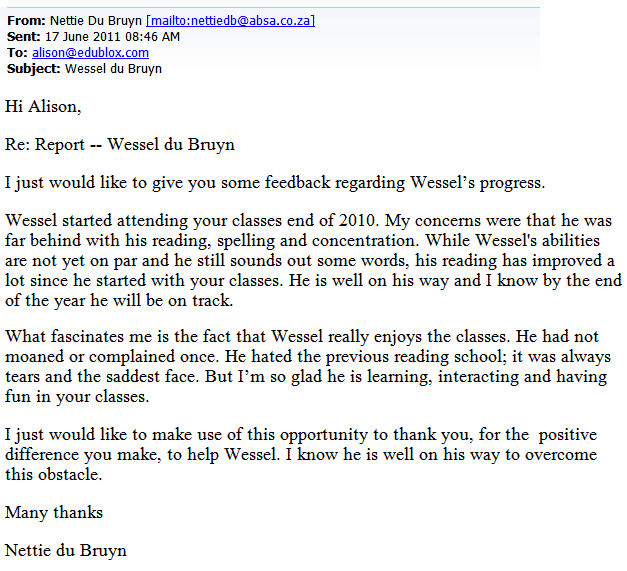 eMail from Nettie du Bruin