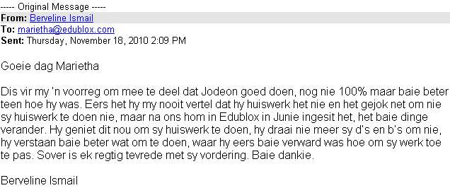 eMail from Berveline Ismail