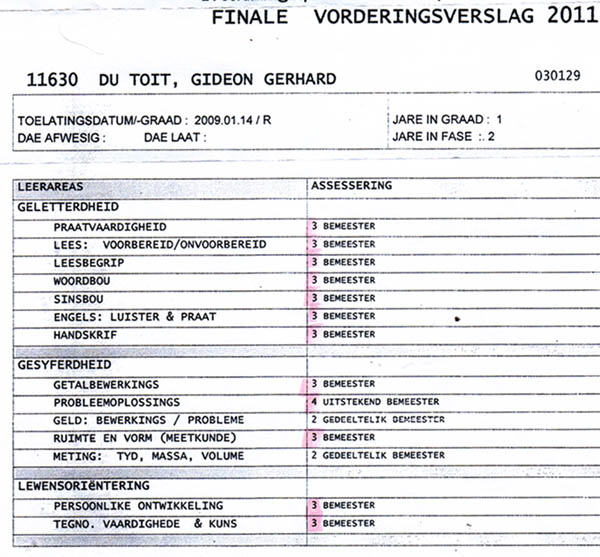 Gideon se skoolrapport een jaar later: