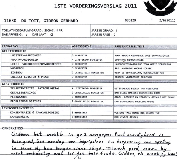 Graad 2, eerste kwartaal rapport
